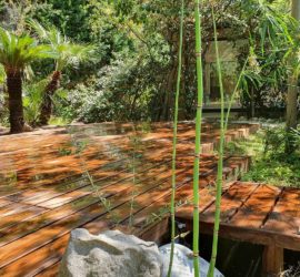 Jardin paysagé exotique et terrasse en bois